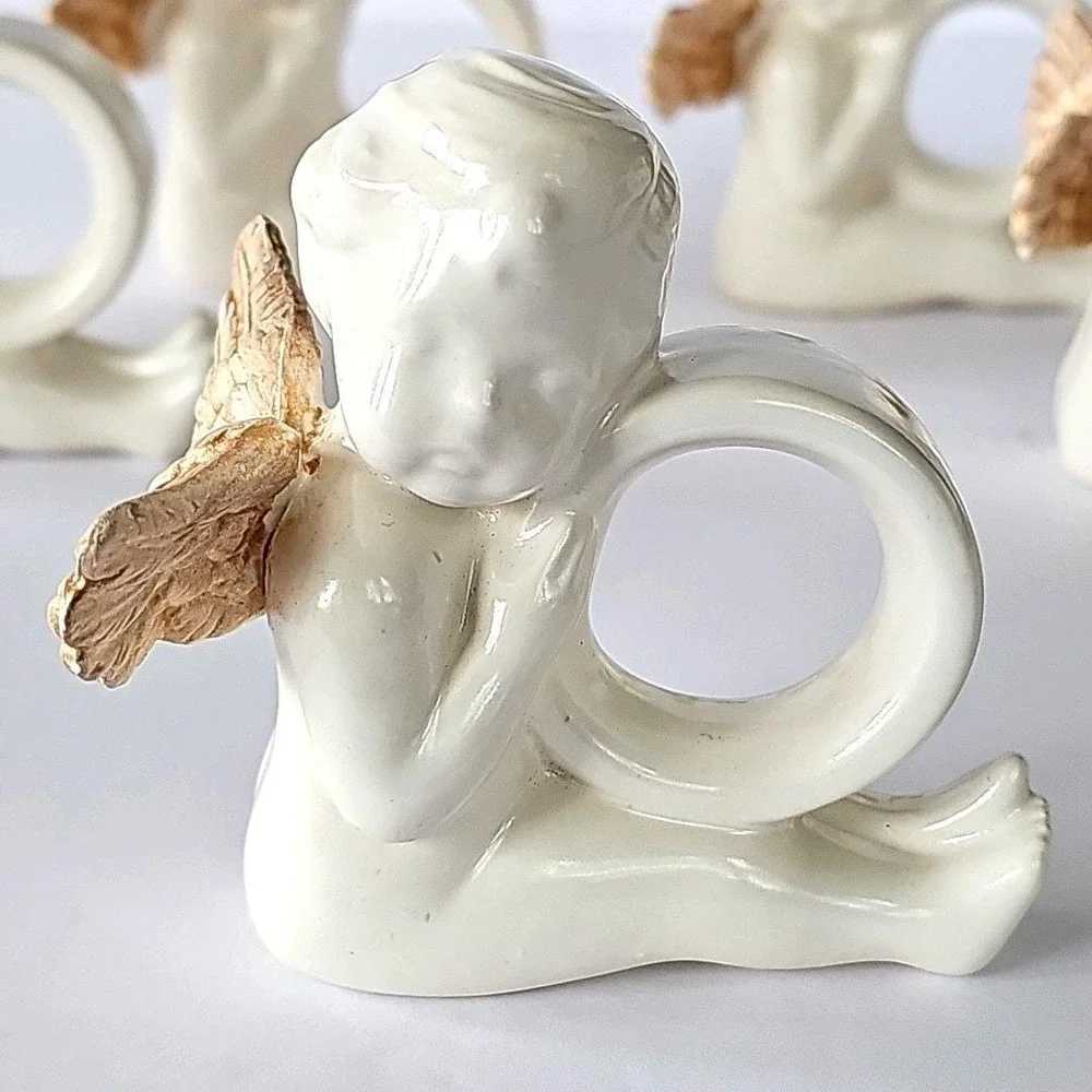 Vtg Victorian Cherub Angel Gold Wing Napkin Holder Ring‎ Set 5 Cottagecore 1925